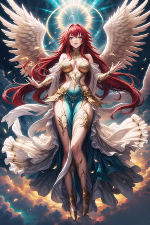 (best quality), (highly detailed), masterpiece, (official art), Rias Gremory as a serene angel, lips smile, with long flowing red hair and a delicate ahoge, luminous white wings spread wide behind her. She is wearing a simple, elegant white gown that flows gracefully around her, softly billowing as she floats in the sky. Rias stands with her arms gracefully open, as if welcoming you with a serene and benevolent presence, her yellow eyes. Rays of divine light shine down from the heavens, illuminating her figure, while she hovers among soft, glowing clouds. The sky is a serene blend of soft pastels, with golden rays breaking through, creating a heavenly and peaceful atmosphere. Her wings emit a gentle, ethereal light, adding to her angelic presence.