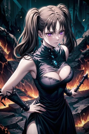 ((Best quality)), masterpiece, Diane, twintails, bangs, brown hair, purple eyes,

Anime illustration of Diane as the personal minion and elite warrior of Elizabeth, the ruler of hell. Diane has been corrupted by the same dark power and forbidden magic, transformed into a succubus serving the dark queen. Her brown hair is styled in twintails with bangs, and her eyes now glow with an unnatural, sinister purple hue.

Diane wears a revealing, dark armor adorned with infernal symbols and spikes, designed for both seduction and combat. Her outfit is accented with glowing red and black highlights, matching the malevolent aesthetics of her queen. Her demeanor is one of unwavering loyalty and cruelty, reflecting her complete submission to Elizabeth's will.

The background continues to feature the hellish landscape with rivers of lava, jagged rocks, and tormented souls. Diane stands ready for battle, her posture indicating readiness to enforce her queen's cruel commands. The scene is lit with the same eerie red and black glows, emphasizing the dark and oppressive atmosphere of their infernal domain.