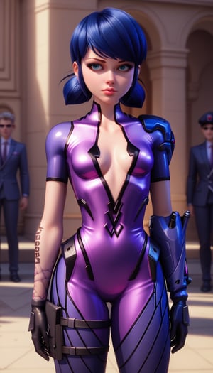 score_9, score_8_up, score_7_up,marinetteBug, blue hair, standing, lips ,standing, revealing chest,  black gloves,  advanced combat suit,  futuristic sniper,metallic purple suit, torso exposed,, black gloves, high-tech bodysuit,widowsuit, tattoo, arm tattoo