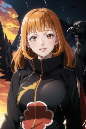 anime, hdr, soft light, ((best quality)), ((masterpiece)), (detailed), mimosa vermillion, wavy hair:1.2, red eyes, red earrings, red hair, orange hair, lips, makeup, head tilt, smile, (lips), (akatsuki outfit:1.2),high neck, high_collar, black dress, long sleeves, looking at viewer, upper body, dutch angle, village, (((crows))),sunset, rain, water drop, nature, ,akatsuki outfit, bird, crow, eagle, black feathers, bird on shoulder, sunset, orange sky, outdoors, upper body,fantasy00d,