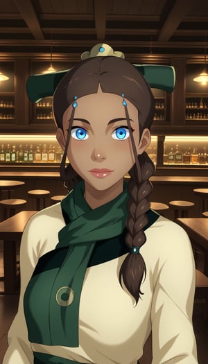 score_9, score_8_up, score_7_up,katara, blue eyes, brown hair, braid, dark skin, dark-skinned female,  bar, indoors, table, chair,  long dress, green scarf, beige dress, joo dee, hair ornament, standing, lips ,standing, Modern luxury lounge with dim lighting, featuring sleek black leather sofas, glass tables, and soft ambient lighting from wall sconces. A large window in the background reveals a city skyline at night, adding a touch of sophistication to the scene,