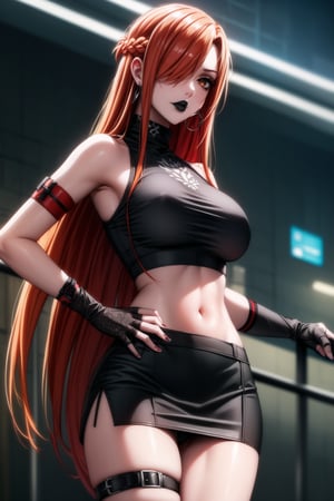 ((best quality)), ((highly detailed)), masterpiece, ((official art)), detailed face, beautiful face, (detailed eyes, deep eyes), seductive posing, (cowboy shot),aaasuna, long hair, brown hair,braid, brown eyes,  (sexy:1.3),  (long straight red hair, orange hair, long straight hair, hair covering one eye:1.3), (makeup, black lips:1.3),( pale white skin, very white skin, goth, long eyelashes), tattoo:1.2, medium to big breasts, black gloves, black skirt:1.2, closed mouth, cowboy shot, ((turtleneck, black crop top)), hoop earrings, fingerless gloves, gloves, highres, jewelry, , midriff, miniskirt, navel, pencil skirt, skirt, solo, standing, stomach, striped, striped bow, thigh strap, city street, nighttime, intricately detailed, hyperdetailed, blurry background, depth of field, best quality, masterpiece, intricate details, tonemapping, sharp focus, hyper detailed, trending on Artstation, 1 girl, high res, official art,asuna yuuki,RockOfSuccubus