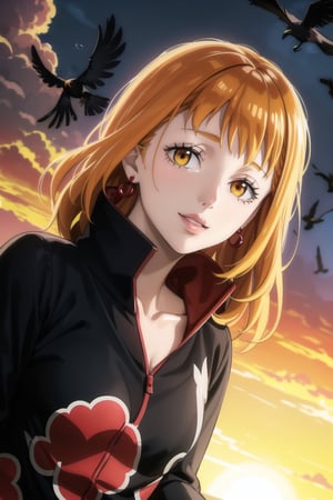 anime, hdr, soft light, ((best quality)), ((masterpiece)), (detailed), mimosa vermillion, wavy hair:1.2, red eyes, red earrings, red hair, orange hair, lips, makeup, head tilt, smile, (lips), (akatsuki outfit:1.2),high neck, high_collar, black dress, long sleeves, looking at viewer, upper body, dutch angle, village, (((crows))),sunset, rain, water drop, nature, ,akatsuki outfit, bird, crow, eagle, black feathers, bird on shoulder, sunset, orange sky, outdoors, upper body,fantasy00d,