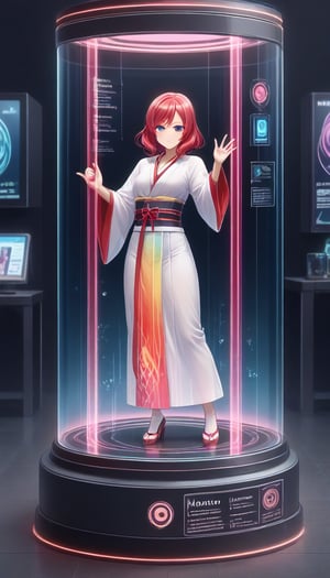 score_9, score_8_up, score_7_up, Display case, lovelive_maki, maki nishikino, red hair, maki as doll, ultra Realistic,Extreme Detailed,beautiful Prism light,stardust,rainbow-colored light,
Glass made ultra Detailed transparent oiran Girl,ultra transparent,wearing luxury high-tech kimono,walk,
dancing oiran,in container