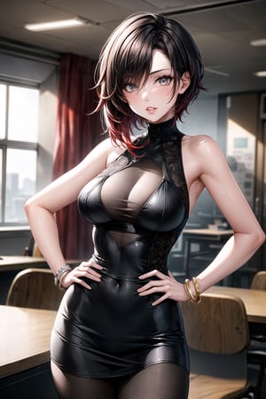 ((best quality)),  ((highly detailed)),  masterpiece,  ((official art)), (ruby rose), hand on hip,  lips, sleeveless, bare shoulders, figure, turtleneck, black pencil skirt, office, lady office, black dress, building, bracelet, parted lips, cellphone picture, indoors, intricately detailed, hyperdetailed, blurry background, depth of field, best quality, masterpiece, intricate details, tonemapping, sharp focus, hyper detailed, trending on Artstation, 1 girl, high res, official art,