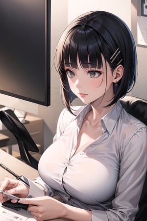(best quality), (highly detailed), masterpiece, (official art), suguha, short hair, black hair, bob cut, hairclip, hair ornament, blunt bangs, lips, 3-piece business dress, professional attire, confident pose, modern office setting, elegant hairstyle, stylish makeup, neutral color palette, high heels, office accessories, natural lighting, corporate ambiance, subtle jewelry, sleek design, sophisticated demeanor, composed expression.  (intricately detailed, hyperdetailed), blurry background,depth of field, best quality, masterpiece, intricate details, tonemapping, sharp focus, hyper detailed, trending on Artstation,1 girl, solo,high res,official art