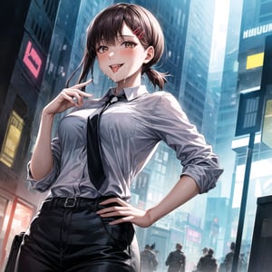 ((best quality)),  ((highly detailed)),  masterpiece,  ((official art)), 
1girl, solo, cute, brown eyes, black hair, swept bangs, single sidelock, red hairclip, (lips:1.2), pose:1.2, (((seductive smile, ))) licking, (((saliva,)))  ,white collared shirt, black necktie, black pants, formal,,  (cyberpunk:1.2),  girl,  outdoors, dramatic reveal,  suspenseful,  urban environment,  mysterious ambiance,  dramatic lighting,  cinematic scene,  self-transformation,  supernatural,  otherworldly,  metamorphosis,  mystical,  mystical energy,  power awakening.,  intricately detailed,  hyperdetailed,  blurry background, depth of field,  best quality,  masterpiece,  intricate details,  tonemapping,  sharp focus,  hyper detailed,  trending on Artstation, 1 girl,  high res,  official art,kobeni higashiyama,Kobeni 