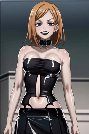 ((best quality)), ((highly detailed)), masterpiece, (Black lips:1.4), ((official art)), detailed face, beautiful face,(detailed eyes, deep eyes),  ((smirk, grin, naughty face, seductive smile, smug)), nobara kugisaki, brown hair, orange hair, black eyes,(makeup) (lips:1.3),1girl, solo,  looking at viewer, earrings, jewelry, blush, collarbone, jewlery, ((miniskirt)),(latex:1.4), navel, (black tank top), ((strapless:1.2)), pleated skirt, ,  (intricately detailed, hyperdetailed), blurry background, depth of field, best quality, masterpiece, intricate details, tonemapping, sharp focus, hyper detailed, trending on Artstation, 1 girl, solo, high res, official art ,collar,b1mb0,StandingAtAttention,empty 
eyes,RockOfSuccubus,,<lora:659111690174031528:1.0>