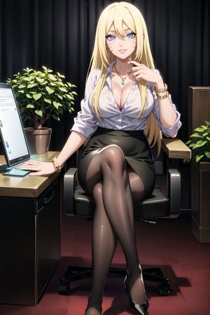 ((best quality)), ((highly detailed)), masterpiece, ((official art)),(boruko,facial mark:1.2),(office),( blue eyes, glowing blue eyes), lips, seductive smile, high heels, office lady, white shirt, black skirt, pencil skirt ,cleavage, pantyhose, collared shirt, dress shirt, (tablet pc:1.3), indoors, partially unbuttoned, bra peek, bracelet, window, underwear, print skirt, potted plant, office chair, office, crossed legs, volumetric lighting, best quality, masterpiece, intricate details, tonemapping, sharp focus, hyper detailed, trending on Artstation