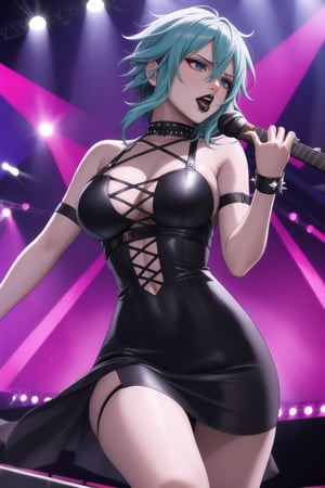 (best quality), (highly detailed), masterpiece, (official art),  Sinon, black lips:1.2, lips:1.3, rocking out on stage in a black leather outfit with spiked accessories. Her electric guitar roars as she performs in front of a massive crowd. The stage is bathed in red and purple lights, and the energy is electric as she belts out powerful lyrics. Her hair is wild, and her eyes are fierce, embodying the spirit of rebellion., ,hd quality, perfect face ,realistic, realistic body , perfect face sync,,b1mb0, 