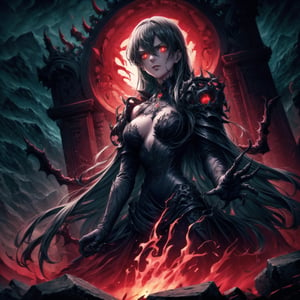 Elizabeth, black hair, lips, ruler of hell, stands as a malevolent dictator, her long hair flowing like darkness itself, gradient from white to dark, framing her cold gaze. Her elaborate gown, adorned with sinister symbols and glowing red accents, reflects her dominance and cruelty. The background features a hellish landscape: rivers of lava, jagged rocks, tormented souls, and dark clouds with lightning. Eerie, red and black glows illuminate the scene, capturing the dark and oppressive atmosphere of her dominion.