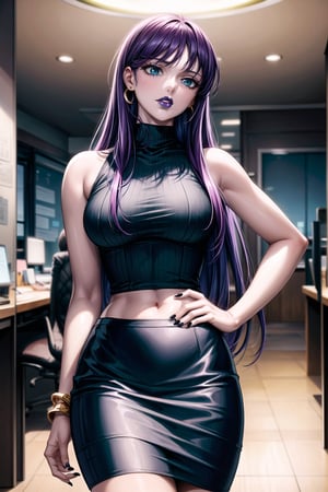 ((best quality)),  ((highly detailed)),  masterpiece,  ((official art)), (Saori, long hair, purple hair, blue eyes, earrings, jewelry),RockOfSuccubus, (lips:1.2), (black lips:1.4), black nails, (( arms_at_sides:1.2, hand_on_own_hip, head_tilt)),  (pubic tattoo:1.3), navel, midriff, sleeveless, bare shoulders, figure, turtleneck, ((black shirt)), (black pencil skirt), (office), lady office, , building, bracelet, parted lips, indoors, intricately detailed, hyperdetailed, blurry background, depth of field, best quality, masterpiece, intricate details, tonemapping, sharp focus, hyper detailed, trending on Artstation, 1 girl, high res, official art