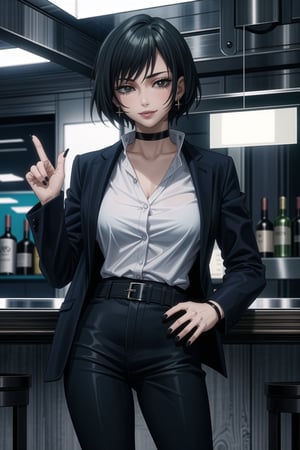 ((best quality)),  ((highly detailed)),  masterpiece,1girl, 1girl, (lips:1.2), seductive smile, smirk, naughty_face,nail polish, solo,   black pants,  formal,  black jacket,  open jacket,  (white shirt),  belt, ,  black jacket, (black suit),  long sleeves,  shirt tucked in,, (black choker), blush, earrings, black nails, looking at viewer, standing, cowboy shot, fingernails,  bar,outdoor,lamp,nigth,space, alcohol, sexy pose:1.2, purple nails, wristband , (Mai),<lora:659111690174031528:1.0>