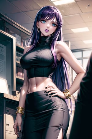 ((best quality)),  ((highly detailed)),  masterpiece,  ((official art)), (Saori, long hair, purple hair, blue eyes, earrings, jewelry),RockOfSuccubus, (lips:1.2), (black lips:1.4), black nails, (( arms_at_sides:1.2, hand_on_own_hip, head_tilt)),  (pubic tattoo:1.3), navel, midriff, sleeveless, bare shoulders, figure, turtleneck, ((black shirt)), (black pencil skirt), (office), lady office, , building, bracelet, parted lips, indoors, intricately detailed, hyperdetailed, blurry background, depth of field, best quality, masterpiece, intricate details, tonemapping, sharp focus, hyper detailed, trending on Artstation, 1 girl, high res, official art