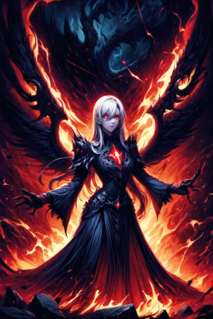 Elizabeth, white hair,hair_over_eye ,lips, ruler of hell, black wings,darkness wings,wings,demon wings,stands as a malevolent dictator, her long hair flowing like darkness itself, gradient from white to dark, framing her cold gaze. Her elaborate gown, adorned with sinister symbols and glowing red accents, reflects her dominance and cruelty. The background features a hellish landscape: rivers of lava, jagged rocks, tormented souls, and dark clouds with lightning. Eerie, red and black glows illuminate the scene, capturing the dark and oppressive atmosphere of her dominion.,shadow