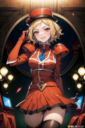 (best quality), (highly detailed), masterpiece, (official art),serena, hat, red hat , short hair, red eyes, (team flare:1.2), gloves,juliet_sleeves, long_sleeves , pleated skirt, thighhighs, hat, thigh boots, dress, belt, red dress, pantyhose, (lips:1.2), grin, smirk, (seductive pose:1.2), cowboy shot, looking at viewer, indoors, blurry background,depth of field, best quality, masterpiece, intricate details, tonemapping, sharp focus, hyper detailed, trending on Artstation,