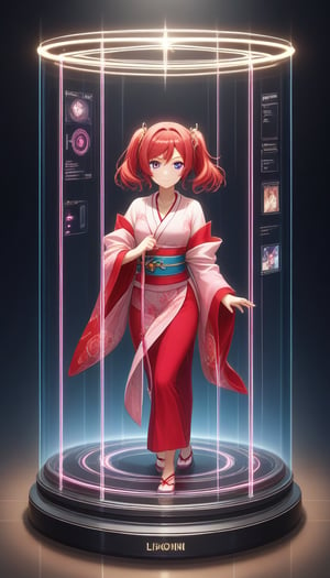 score_9, score_8_up, score_7_up, Display case, lovelive_maki, maki nishikino, red hair, maki as doll, ultra Realistic,Extreme Detailed,beautiful Prism light,stardust,rainbow-colored light,
Glass made ultra Detailed transparent oiran Girl,ultra transparent,wearing luxury high-tech kimono,walk,
dancing oiran,