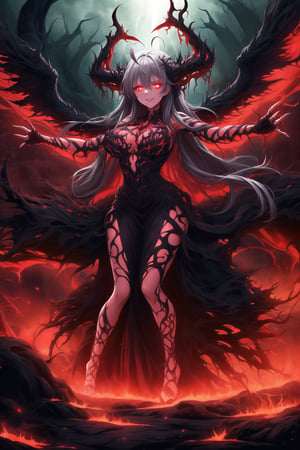 A masterpiece of dark fantasy: elizabeth, malevolent demon, lips curled into an evil smile, long flowing white hair cascading down her back like a fiery waterfall. Her delicate ahoge and intricate black gown billow softly as she floats amidst hell's fiery depths. Black wings spread wide behind her, emitting a darkness-infused light that adds to her ominous presence. Red eyes gleam with malevolent intent as she stands poised, arms outstretched in a violent welcome. Softly glowing fire illuminates her figure, while rays of dark light pierce the heavens above, casting an eerie glow on Rias' demonic form. The hellish landscape before her is bathed in red hues, as if infernal flames are breaking through to create this haunting atmosphere.