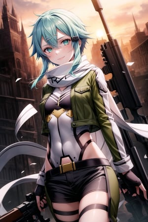 Highly detailed anime illustration of Sinon, standing confidently and looking directly at the viewer with a sly smile. Her short, blue hair, accented with a hair ornament and strands falling between her sharp, focused aqua eyes, adds to her striking appearance. Sinon’s outfit consists of a green cropped jacket, open at the front to reveal a white scarf fluttering slightly in the wind, paired with black fingerless gloves and short black shorts that complement her tactical look.

She holds a sleek sniper rifle with both hands, the weapon resting effortlessly against her body, ready for action. Her open jacket reveals just a hint of her toned midsection, adding a subtle contrast to the otherwise practical, combat-ready ensemble. The scene is set outdoors, with shadows emphasizing the tension in the air, her smile reflecting a calm yet intense readiness for whatever comes next.