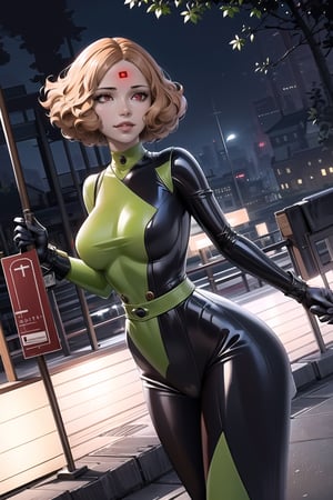 (best quality), (highly detailed), masterpiece, (official art), (dutch angle:1.2),(dsharu, brown hair, short hair), red eyes, lips, ( evil smile), lips, (microchip:1.2), (shegosuit:1.2), green bodysuit, latex , looking at viewer, china, asiática, city, night, sky, (intricately detailed, hyperdetailed), blurry background,depth of field, best quality, masterpiece, intricate details, tonemapping, sharp focus, hyper detailed, trending on Artstation,1 girl, high res, official art