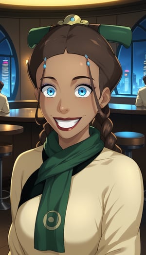 score_9, score_8_up, score_7_up,katara, blue eyes, brown hair, braid, dark skin, dark-skinned female,  teeth, smile,  grin, makeup, lipstick, meme, wide-eyed,bar, indoors, table, chair,  long dress, green scarf, beige dress, joo dee, hair ornament, standing, lips ,standing, Modern luxury lounge with dim lighting, featuring sleek black leather sofas, glass tables, and soft ambient lighting from wall sconces. A large window in the background reveals a city skyline at night, adding a touch of sophistication to the scene,