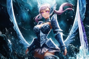 GFX wallpaper featuring Noelle Silva as a Valkyrie, with twintailed silver hair and shimmering water armor that appears both solid and liquid. The scene is illuminated by a radiant sword in her hand, casting light across the battlefield. Her wings, crafted from water, sparkle as if catching the light of a distant sun, and her purple eyes glow intensely. Water splashes around her armor, and energy beams shoot through the background. Her armored dress is detailed with intricate runes and silver accents, all glimmering as if imbued with magic. The background shows crashing waves, with water particles frozen mid-air, glowing in vibrant blue, violet, and white hues.,DonMRun3Bl4d3