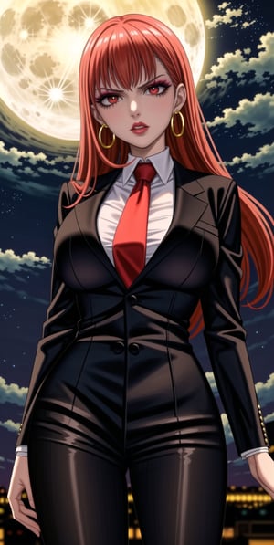 noelle_silva, bangs, ((orange hair)), ((long hair)),  (((hoop earrings, makeup, lips))), ((large breast)) ,(((narrow_waist))), ((((black suit, black pants)))), white shirt, red necktie, 1girl, earrings, jewelry, night, solo, outdoors, city, star \(sky\), ((red necktie:1.2)), moon, night sky, red eyes, starry sky, sky, shirt, moonlight, formal, standing, full moon, suit, cowboy shot, day,  pants, blue sky,((((black business suit)))), standing,sexy lawyer,(glaring:1.2),glistening skin, (black suit:1.5),  ,,,,<lora:659111690174031528:1.0>