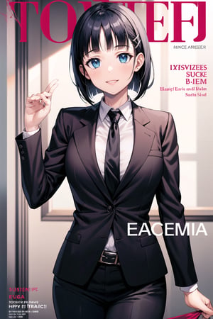 (best quality), (highly detailed), masterpiece, (official art), suguha, short hair, black hair, bob cut, hairclip, hair ornament, blunt bangs,magazine cover, english text, character name, copyright name, lips, smile, necktie,pose,  black jacket,(black suit), open suit,  open jacket,long sleeves, shirt tucked in,looking at viewer, shirt, black necktie, white shirt, medium breasts,window, formal, office lady,pants, black pants, black belt, business suit, suit,  (intricately detailed, hyperdetailed), blurry background,depth of field, best quality, masterpiece, intricate details, tonemapping, sharp focus, hyper detailed, trending on Artstation,1 girl, solo,high res,official art