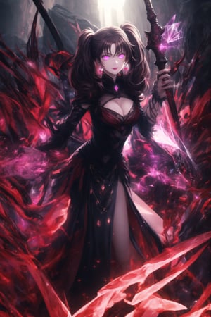 lips,purple lips,lipstick,makeup, ((Crystal black earrings)),closed mouth,smile, Diane, twintails brown hair,hair_scrunchie ,lips, ruler of hell, stands as a malevolent dictator, gradient from white to dark, framing her cold gaze. Her elaborate gown, adorned with sinister symbols and glowing red accents, reflects her dominance and cruelty. The background features a hellish landscape: rivers of lava, jagged rocks, tormented souls, and dark clouds with lightning. Eerie, red and black glows illuminate the scene, capturing the dark and oppressive atmosphere of her dominion. Armor, black wings, mace, holding mace, demon horn,GFX