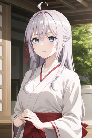  (best quality), (highly detailed), masterpiece, (official art), 1girl, solo, alya, long hair, grey hair, blue eyes, hair between eyes, hair ribbon, ahoge , beautiful girl, red miko hakama, white kimono