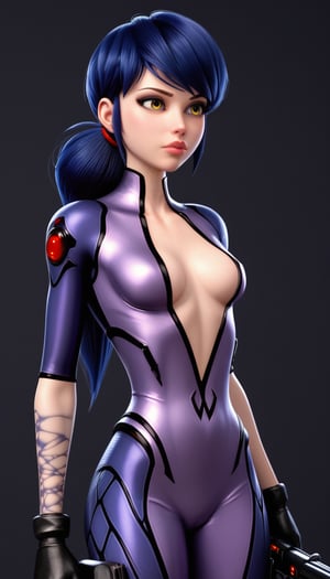 score_9, score_8_up, score_7_up,marinetteBug, blue hair, standing, lips ,standing, revealing chest,  black gloves,  advanced combat suit,  futuristic sniper,metallic purple suit, torso exposed,, black gloves, high-tech bodysuit,widowsuit, tattoo, arm tattoo