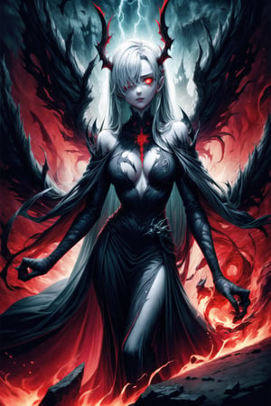 Elizabeth, white hair,hair_over_eye ,lips, ruler of hell, black wings,darkness wings,wings,demon wings,stands as a malevolent dictator, her long hair flowing like darkness itself, gradient from white to dark, framing her cold gaze. Her elaborate gown, adorned with sinister symbols and glowing red accents, reflects her dominance and cruelty. The background features a hellish landscape: rivers of lava, jagged rocks, tormented souls, and dark clouds with lightning. Eerie, red and black glows illuminate the scene, capturing the dark and oppressive atmosphere of her dominion.,shadow