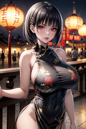 (best quality), (highly detailed), masterpiece, (official art),(suguha, short hair, black hair, bob cut, hairclip, hair ornament, blunt bangs),(red eyes),red lips, lips:1.3, huge brest, makeup:1.3, angry, serious,(((black china dress))), ((bare shoulder,sleeveless)),,looking at viewer, china, asiática, city, night, sky, (intricately detailed, hyperdetailed), blurry background,depth of field, best quality, masterpiece, intricate details, tonemapping, sharp focus, hyper detailed, trending on Artstation,1 girl, high res, official art,chinese dress