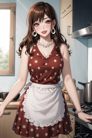 ((best quality)),  ((highly detailed)),  masterpiece,1girl, 1girl,  evil smile:1.2, smug, seductive smile, solo,   (Stepford),lips, makeup, lipstick,red lips, (pose),(polka dot:1.4), (polka dot dress:1.4),(pearl necklace:1.2), pearl bracelet, bare shoulders,(red dress:1.2),(aroused), blush ,standing,  (large pearl necklace), (hoop earrings:1.2),  (apron), blush,, looking at viewer, standing, cowboy shot, fingernails, kitchen, cooking, indoors, house, windows, cortain, food, hori kyouko, brown hair, orange eyes