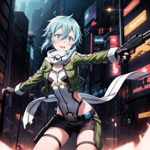 ((Best quality)), masterpiece, Sinon1, (surprised:1.5), (scared:1.5), lips, aiming at viewer, holding pistol, ((Sinon, cyberpunk, hair ornament, hairclip)), ((arms outstretched, pose)), 1girl, bangs, belt pouch, black gloves, black shorts, blue eyes, blue hair, fingerless gloves, green jacket, green legwear, gun, hair between eyes, hair ornament, hairclip, highres, jacket, long sleeves, outdoors, handgun, scarf, shadow, short hair, short hair with long locks, short shorts, shorts, sidelocks, Sinon, pistol, solo, sword art online, weapon, Anime illustration, post-apocalyptic cyberpunk setting, cowboy shot.

Sinon appears out of breath and agitated, with a surprised and scared expression, lips slightly parted, as she senses something or someone behind her. She is holding her handgun, arms outstretched, aiming it at the viewer but glancing over her shoulder with wide, frightened eyes. The background features a ruined cityscape with neon signs, broken buildings, and flickering lights, enhancing the cyberpunk atmosphere. The scene is lit with a mix of neon glows and dark shadows, emphasizing the chaotic and dystopian environment, reinforcing the tension and her heightened sense of alertness.