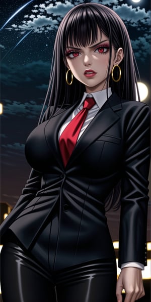 noelle_silva, bangs, ((black hair)), ((long hair)),  (((hoop earrings, makeup, lips))), ((large breast)) ,(((narrow_waist))), ((((black suit, black pants)))), white shirt, red necktie, 1girl, earrings, jewelry, night, solo, outdoors, city, star \(sky\), ((red necktie:1.2)), moon, night sky, red eyes, starry sky, sky, shirt, moonlight, formal, standing, full moon, suit, cowboy shot, day,  pants, blue sky,((((black business suit)))), standing,sexy lawyer,(glaring:1.2),glistening skin, (black suit:1.5),  ,,,,<lora:659111690174031528:1.0>