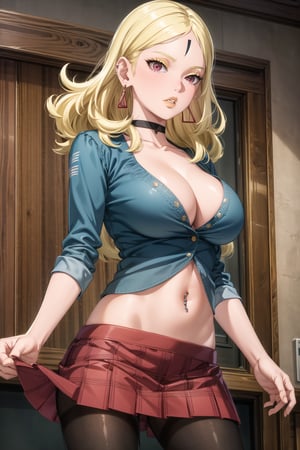 masterpiece,best quality,highres,ultra-detailed, Delta, blonde hair, earrings,, white shirt, skirt, large breasts, navel, cleavage, pantyhose,  choker, midriff, miniskirt, lips, plaid, red plaid skirt, piercing, fishnets,  fishnet pantyhose, white tied shirt:1.2, navel piercing, , standing, StandingAtAttention