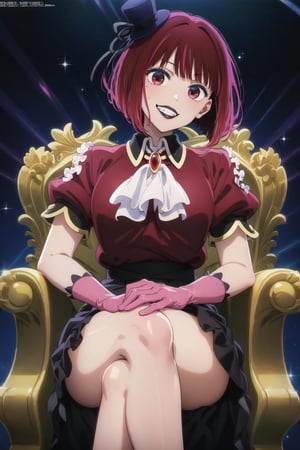 (best quality), (highly detailed), masterpiece, (official art),  lips:1.2, black lips:1.4, lipstick:1.2, aakana, short hair, mini hat, head tilt, red eyes, jewelry, brooch, white ascot, frills, red shirt, short sleeves, pink gloves, black skirt, , throne, sitting, crossed legs, smirk, grin