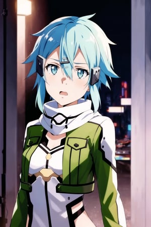 (best quality), (highly detailed), masterpiece, (official art), ((sinon1, cyberpunk, hair ornament, hairclip)), 1girl, upper body, bangs, blue eyes, blue hair, blurry, blurry background, fingerless gloves, green jacket, hair between eyes, hair ornament, hairclip, highres, jacket, long sleeves, outdoors, scarf, short hair, short hair with long locks, sidelocks, signature, sinon, solo, darkness, sword art online, turning head, ((open eyes, shocked expression,fear, horror, surprised:1.2)), open mouth,surprised look,surprised girl,