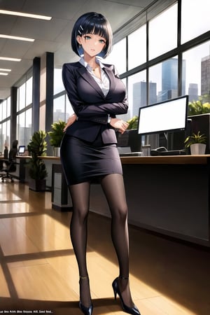 (best quality), (highly detailed), masterpiece, (official art), suguha, short hair, black hair, bob cut, hairclip, hair ornament, blunt bangs, lips, 3-piece business dress, professional attire, confident pose, modern office setting, elegant hairstyle, stylish makeup, neutral color palette, high heels, office accessories, natural lighting, corporate ambiance, subtle jewelry, sleek design, sophisticated demeanor, composed expression.  (intricately detailed, hyperdetailed), blurry background,depth of field, best quality, masterpiece, intricate details, tonemapping, sharp focus, hyper detailed, trending on Artstation,1 girl, solo,high res,official art