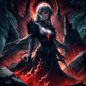 Elizabeth, black hair, lips, ruler of hell, stands as a malevolent dictator, her long hair flowing like darkness itself, gradient from white to dark, framing her cold gaze. Her elaborate gown, adorned with sinister symbols and glowing red accents, reflects her dominance and cruelty. The background features a hellish landscape: rivers of lava, jagged rocks, tormented souls, and dark clouds with lightning. Eerie, red and black glows illuminate the scene, capturing the dark and oppressive atmosphere of her dominion.