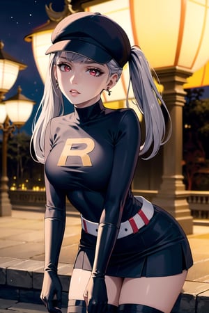 (best quality), (highly detailed), masterpiece, (official art), noelle_silva, silver hair,red eyes, twintails, bangs, earrings, jewelry, black headwear, cabbie hat, hat, ((Slouching, leaning forward)), lips, ( parted lips), ,Grunt Team Rocket, dress, black dress, long sleeves, gloves, elbow gloves, belt, grey belt, skirt, thighhighs, looking at viewer, china, asiática, city, night, sky, (intricately detailed, hyperdetailed), blurry background,depth of field, best quality, masterpiece, intricate details, tonemapping, sharp focus, hyper detailed, trending on Artstation,1 girl, high res, official art,Slouching