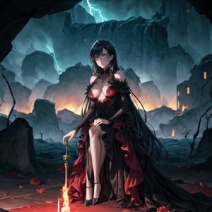  Elizabeth, black hair, lips, ruler of hell, stands as a malevolent dictator, her long hair flowing like darkness itself, gradient from white to dark, framing her cold gaze. Her elaborate gown, adorned with sinister symbols and glowing red accents, reflects her dominance and cruelty. The background features a hellish landscape: rivers of lava, jagged rocks, tormented souls, and dark clouds with lightning. Eerie, red and black glows illuminate the scene, capturing the dark and oppressive atmosphere of her dominion.

Anime illustration of Elizabeth, transformed into the corrupted ruler of Hell, sitting on a luxurious golden throne on a grand balcony. Her long hair flows from a gradient of white to black, symbolizing her descent into darkness, and her once green eyes now glow with a menacing red hue. She wears an elaborate black and red gown adorned with sinister symbols and glowing red accents, reflecting her dominance and cruelty.

Elizabeth's expression is cold and devoid of emotion as she holds a delicate porcelain teacup with her right hand, her left finger placed on her lips in a gesture of silence. Her gaze is fixed on the scene before her, a hellish landscape of a city engulfed in flames. Tall buildings and ancient architecture are crumbling and burning, casting an orange and red glow across the sky, creating a dramatic and chaotic atmosphere.

The balcony is decorated with large vases overflowing with vibrant red roses, some petals gently falling in the foreground, adding a touch of morbid beauty to the scene. The setting sun enhances the fiery ambiance, casting long shadows and illuminating the destruction.

On the table beside her, there are various elegant tea sets and a candlestick with lit candles, adding a warm light to the dark setting. Rivers of lava flow through the city, jagged rocks protrude from the ground, and tormented souls can be seen in the distance. Dark clouds swirl above with lightning illuminating the oppressive atmosphere of her dominion.