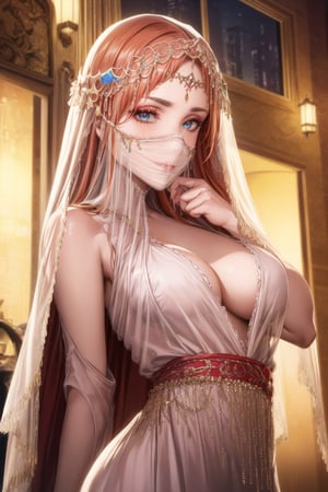 ((best quality)), ((highly detailed)), masterpiece, ((official art)), detailed face, beautiful face, (detailed eyes, deep eyes), seductive posing, (cowboy shot),asuna yuuki, long hair, brown hair, orange hair, red hair, empty eyes:1.2,,((veil, transparent,mask Veil,Veil)) v3il, face veil, (forehead jewel opal), crystal head veil, (cowboy shot), eyeliner, eyeshadow, makeup, ,ethereal nightgown, (sash), (cowboy shot), grand hall, . shallow depth of field, vignette, highly detailed, high budget, bokeh, cinemascope, moody, epic, gorgeous, film grain, grainy,jyojifuku,asuna yuuki, veil