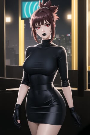 (best quality), (highly detailed), masterpiece, (official art),  kohaku, black hair:1.2, red eyes, hair ornament, ponytail, solo,  lips:1.2, black lips:1.4, lipstick:1.2, skirt, black turtleneck shirt, black shirt, latex:1.2, gloves, pencil_skirt, shirt, black gloves, standing, looking at viewer, breasts, black skirt, looking at viewer, (/nightclub scene, neon lights), , club, (nigth club), ,hd quality, perfect face ,realistic, realistic body , perfect face sync,night club,StandingAtAttention,marinette,night club,b1mb0, 