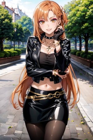 (best quality), (highly detailed), masterpiece, (official art), , aaasuna ,brown eyes, long hair, (orange hair), (multicolores hair:1.2, red hair:1.2), smirk, grin, smile, cross-laced clothes,  (spiked bracelet),  necklace, corset,  bustier, park,  hoop earring, (pose) ,navel, (makeup:1.3) (lips:1.3),  (seductive pose:1.2), (latex), (black top),  (black tube top:1.2), gloves,  fingerless gloves, ((jacket)),  skirt,  black choker,  black leather jacket,  (dark jacket), belt,  pencil skirt,  pantyhose,  open jacket,  miniskirt,  (black skirt),  black gloves,  black legwear,  black choker,  medium breast,  standing, , (park), (tree), standing (intricately detailed,  hyperdetailed),  blurry background, depth of field,  best quality,  masterpiece,  intricate details,  tonemapping,  sharp focus, hyper detailed, trending on Artstation,1 girl, solo,high res,official art, ,edgCJ