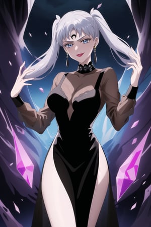 (best quality), (highly detailed), masterpiece, (official art), (noelle_silva,silver hair,twintails,bangs,jewelry), makeup, ((forehead mark, crescent facial mark, black crystal earrings)), aged up, evil smile, lips, lipstick, posing, anime coloring, ((black dress, long sleeves, see-through)), pink dress, side slit, A dark and mysterious female character inspired by the style of classic anime. She has an evil face with an evil smile, giving her an imposing and intimidating presence. The overall atmosphere is dark and mysterious, with a sense of power and control emanating from her posture.,