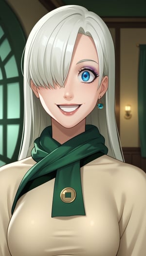 score_9, score_8_up, score_7_up, intricate details,1girl, elizabeth, long hair, white hair,hair over one eye, blue eyes, indoors,joo dee, dress, scarf, hair ornament, grin, smile, lips, joo dee,  full body,long dress, green scarf, beige dress, teeth,makeup,wide-eyes, eyeshadow,