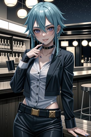 ((best quality)),  ((highly detailed)),  masterpiece,1girl, 1girl, (lips:1.2), seductive smile, smirk, naughty_face,nail polish, solo,   black pants,  formal,  black jacket,  open jacket,  (white shirt),  belt, ,  black jacket, (black suit),  long sleeves,  shirt tucked in,, (black choker), blush, earrings, black nails, looking at viewer, standing, cowboy shot, fingernails,  bar,outdoor,lamp,nigth,space, alcohol, sexy pose:1.2, purple nails, wristband,sinon1, short hair with long locks, hair between eyes, sidelocks,,<lora:659111690174031528:1.0>
