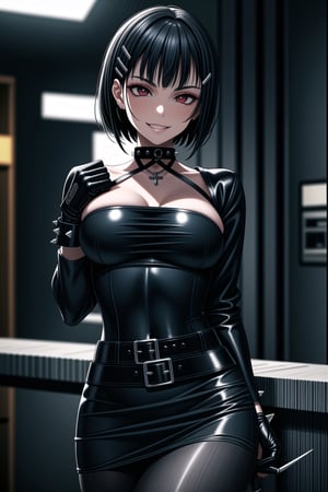 ((best quality)),  ((highly detailed)),  masterpiece,  ((official art)),  detailed face,  beautiful face,  (detailed eyes,  deep eyes),(science fiction, cyberpunk, room, street,dark background),((smirk, grin, naughty face, seductive smile, smug, pose)),, ,cowboy shot,(lips), ,kirigaya suguha, blunt bangs, short bangs, black hair:1.3, short hair, hair ornament, hairclip,(red eyes),  cross-laced clothes, (spiked bracelet), necklace, corset, bustier, hoop earring, curvaceous, voluptuous body, navel, (makeup:1.3) (lips:1.3), (latex), (black top), (black tube top:1.2), gloves, fingerless gloves, jacket, skirt, black choker, black leather jacket, (dark jacket), belt, pencil skirt, pantyhose, open jacket, miniskirt, (black skirt), black gloves, black legwear, black choker, medium breast, conspicuous elegance, snobby, upper class elitist, possesses an arroaant charm. her Dresence commands attention and enw, (intricately detailed, hyperdetailed), blurry background, depth of field, best quality, masterpiece, intricate details, tonemapping, sharp focus, hyper detailed, trending on Artstation, 1 girl, solo, high res, official art,kirigaya suguha,<lora:659111690174031528:1.0>
